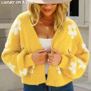 Fuzzy Soft Knit Flower Print Open Front Colorful Cardigan Sweater Bright Yellow